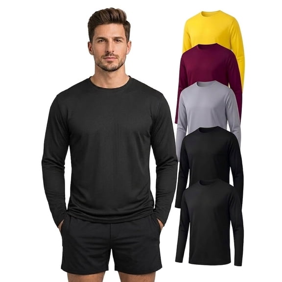 5 Pack Men's UPF 50 UV Sun Protection Long Sleeve Shirts, Moisture Wicking Athletic Workout Tops for Fishing Beach S