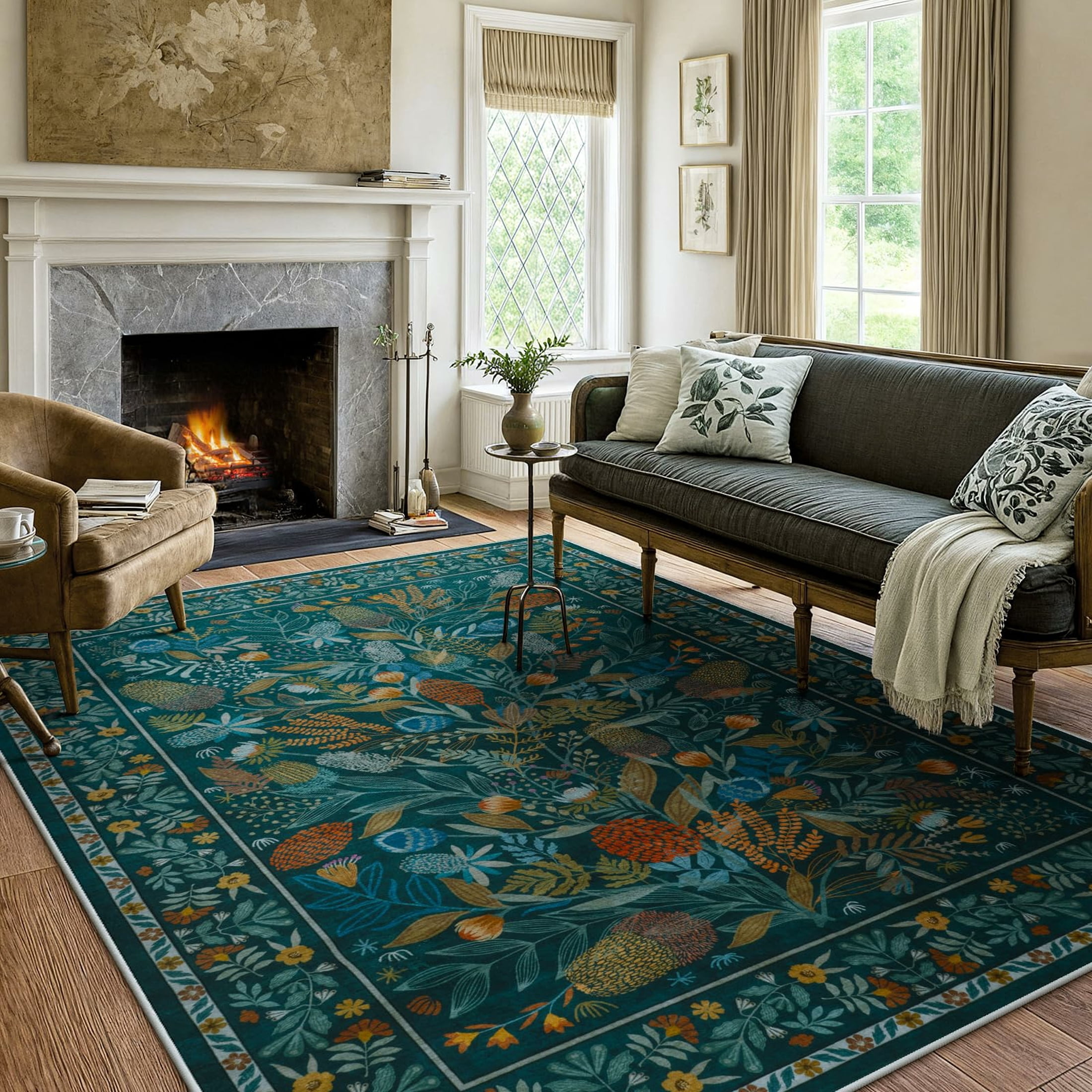 Moynesa Teal Large Area Rugs 8'x10', Botanical Floral Washable Rug for Living Room, Soft Rugs for Bedroom Non-Slip Ultra-Thin Modern Rug Dining Room Accent Carpet for Dorm Apartment