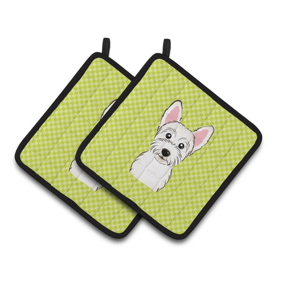Carolines Treasures BB1288PTHD Checkerboard Lime Green Westie Pair of Pot Holders , 7.5HX7.5W, multicolor