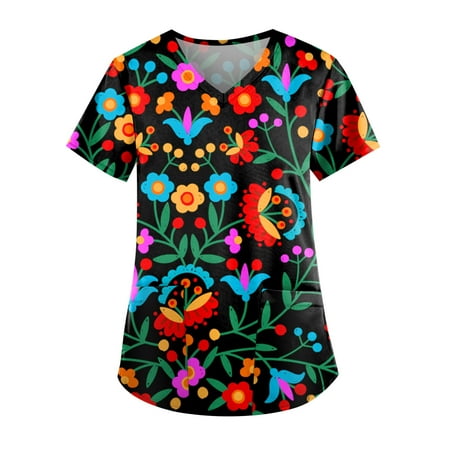 

TKing Fashion Independence Day Women Plus Size Scrubs Top V-Neck Short Sleeve Printed Pockets Work Blouse for Women Red 3XL