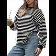 thumbnail image 2 of Sudadera de Cuello Redondo A Rayas de Gran Tamaño para Mujer, Jersey de Larga con Bloques de Color, Camiseta Informal Holgada para Hacer Ejercicio, Color Negro, Talla S, 2 of 6