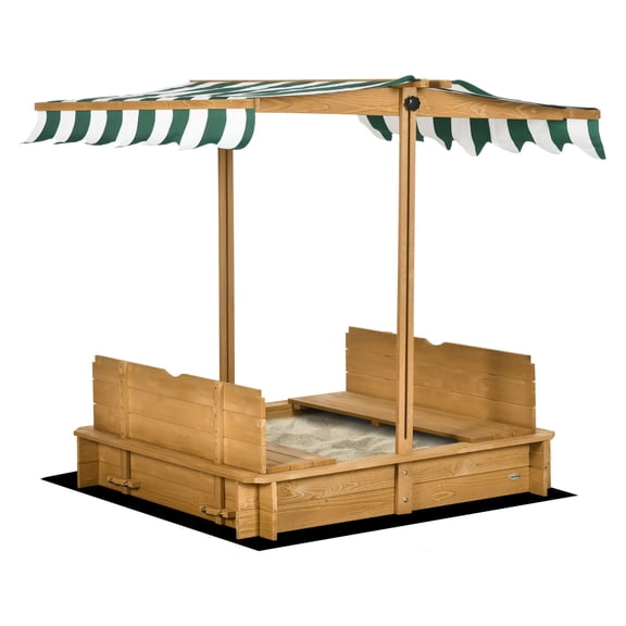 Wooden Kids Sandbox with Cover, Children Outdoor Sand Box with Foldable Seats, Adjustable Canopy, Bottom Liner for Outdoor, Brown