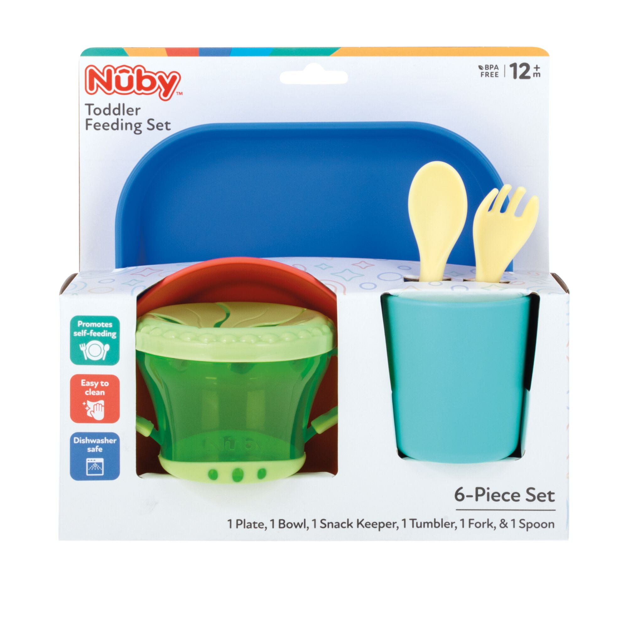 Nuby 6-Piece Toddler Feeding Set with Plate, Bowl, Snack Keeper, Cup, and Utensils