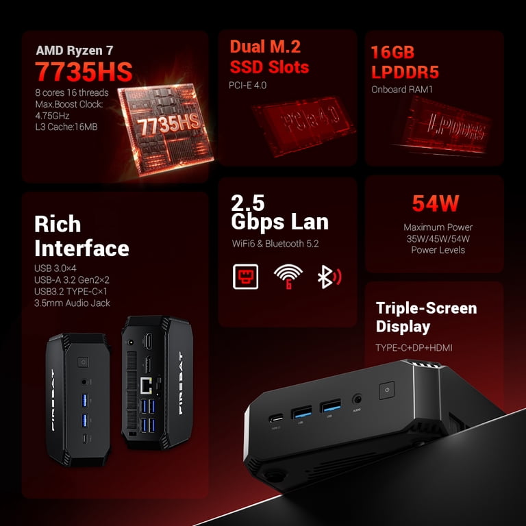 FIREBAT, Mini PC, AMD Ryzen7 7735HS, 16GB RAM, 512GB SSD, Black