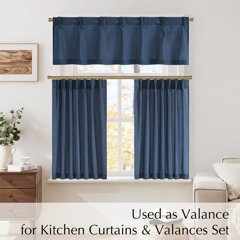 NICETOWN Linen Kitchen Curtains 36 Inches Long, Navy Blue Pinch Pleated Cafe Curtains Rustic Light Filtering Short Curtains for Bedroom Living Room, 26"x36", 1 Pair