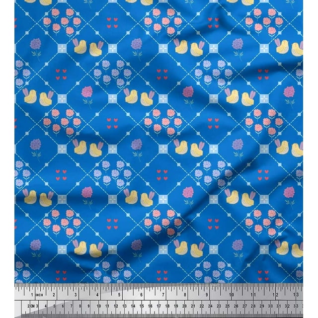 Soimoi Moss Georgette Fabric Check & Floral Artistic Printed Fabric 1 Yard 42 Inch Wide