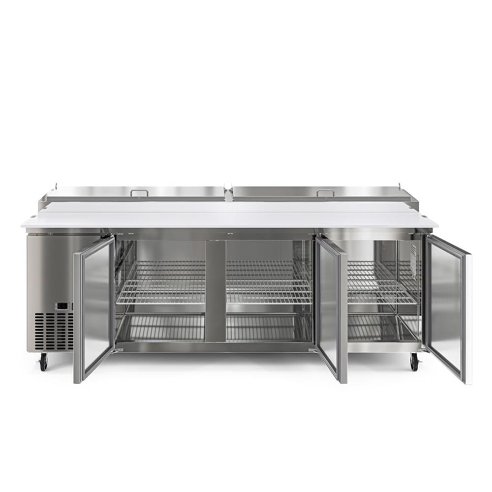 Pemberly Row Silver 92" 3 Door Commercial Pizza Prep Refrigerator in Steel