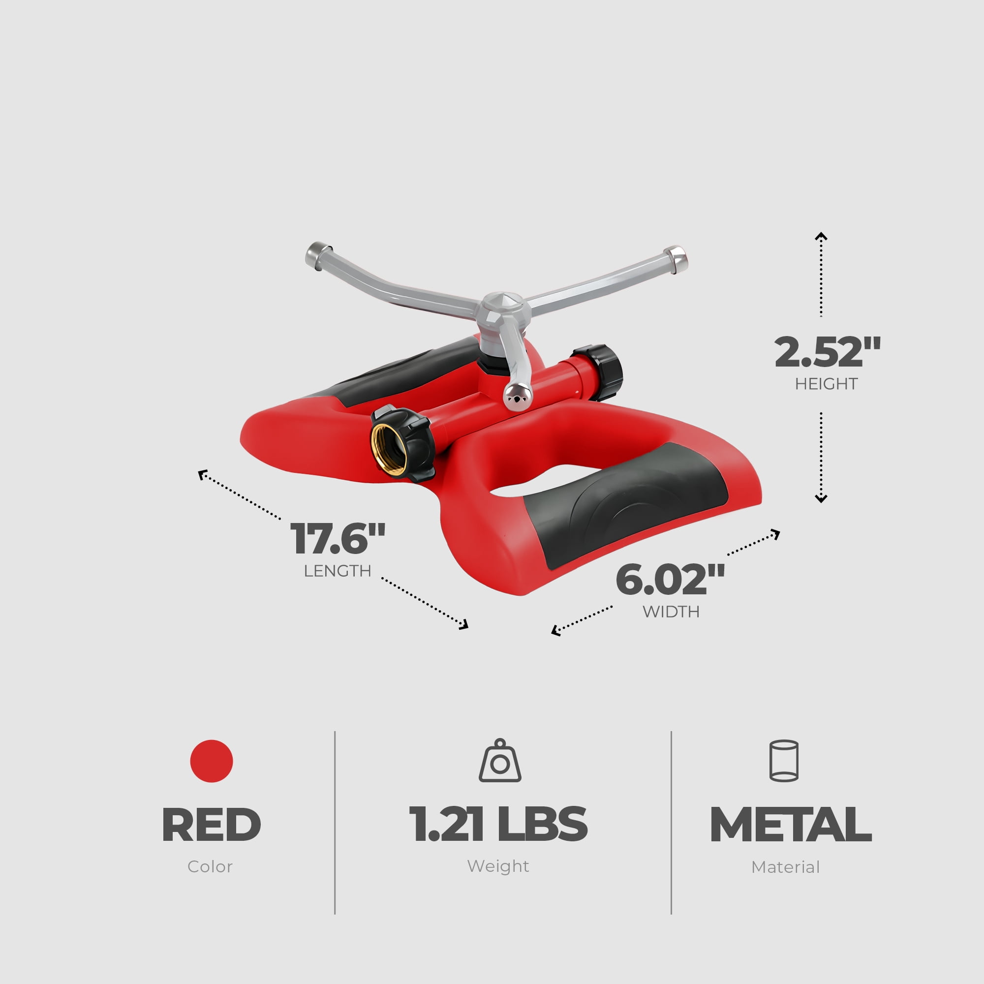Sprout Deluxe Metal Oscillating Lawn Sprinkler, 3,600 SqFt Coverage, Red