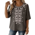 thumbnail image 4 of Vinsonshop Women's Cotton Linen Embroidered Tops Short Sleeve Crewneck Boho Floral Blouses Casual Flowy Tunic Peasant Shirts Lightweight Loose Fit Summer Everyday Apparel Dark Gray L, 4 of 5