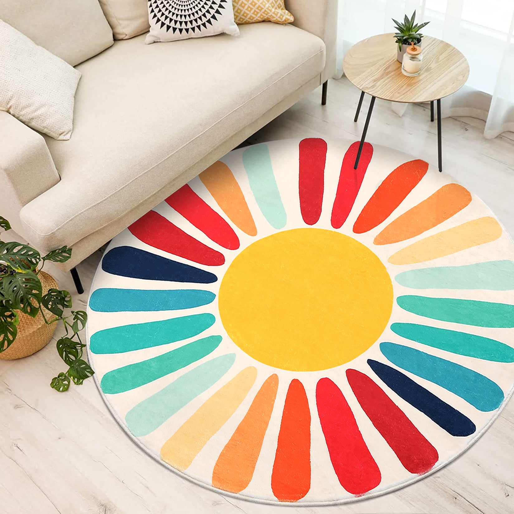 Hasoo 3' x 3' Round Rug Colorful Washable Circle Area Rug Sun Print Modern Non-Slip Non-Shedding Floor Cover for Home Decor, Red/Orange
