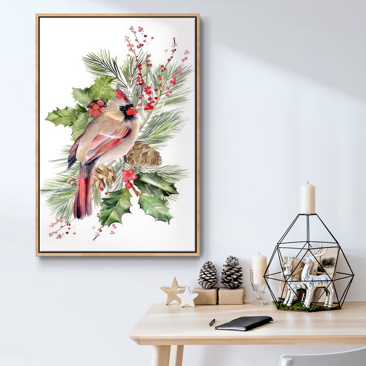 Cardinal Holly Christmas Collection B - Framed Gallery Wrapped Holiday Canvas - 25 x 37 - Natural Wood Frame