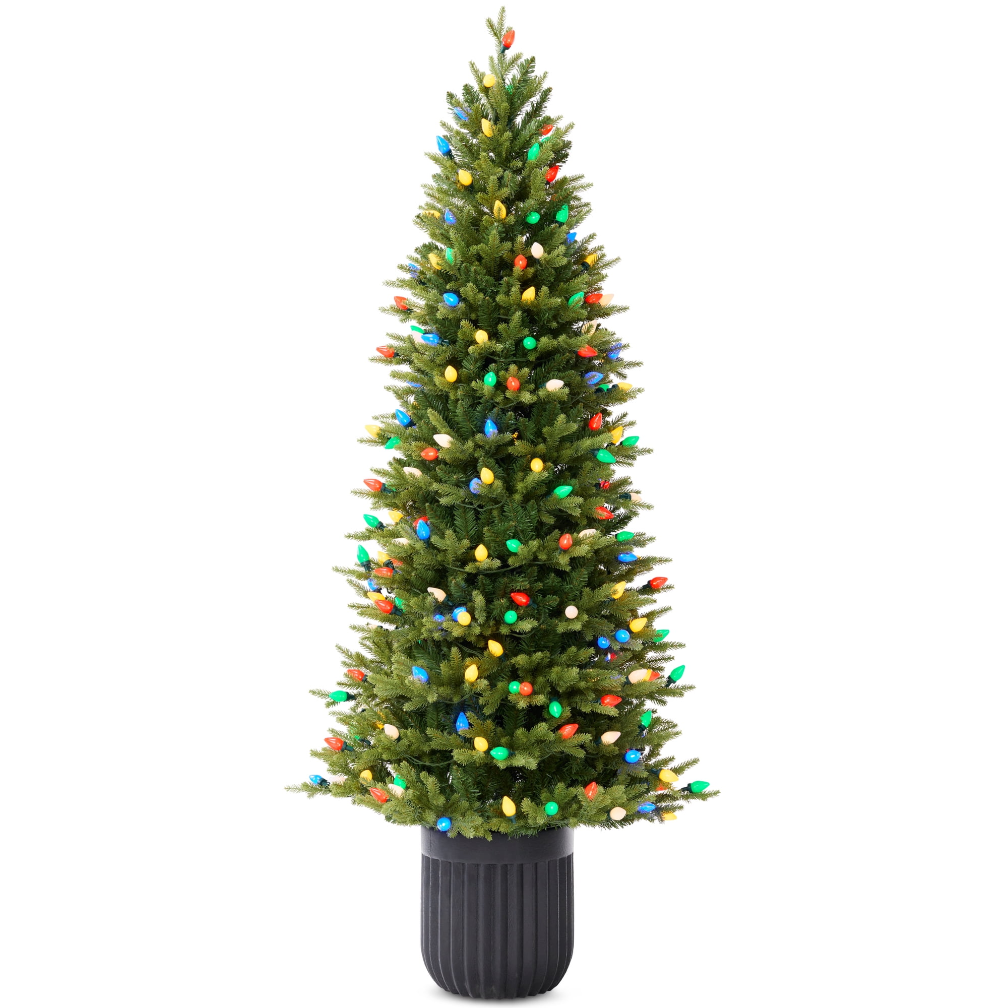 Best Choice Products 4.5ft Prelit Potted Pencil Christmas Tree w/ Twinkling C7 Lights Artificial Holiday Decor 175 Bulbs