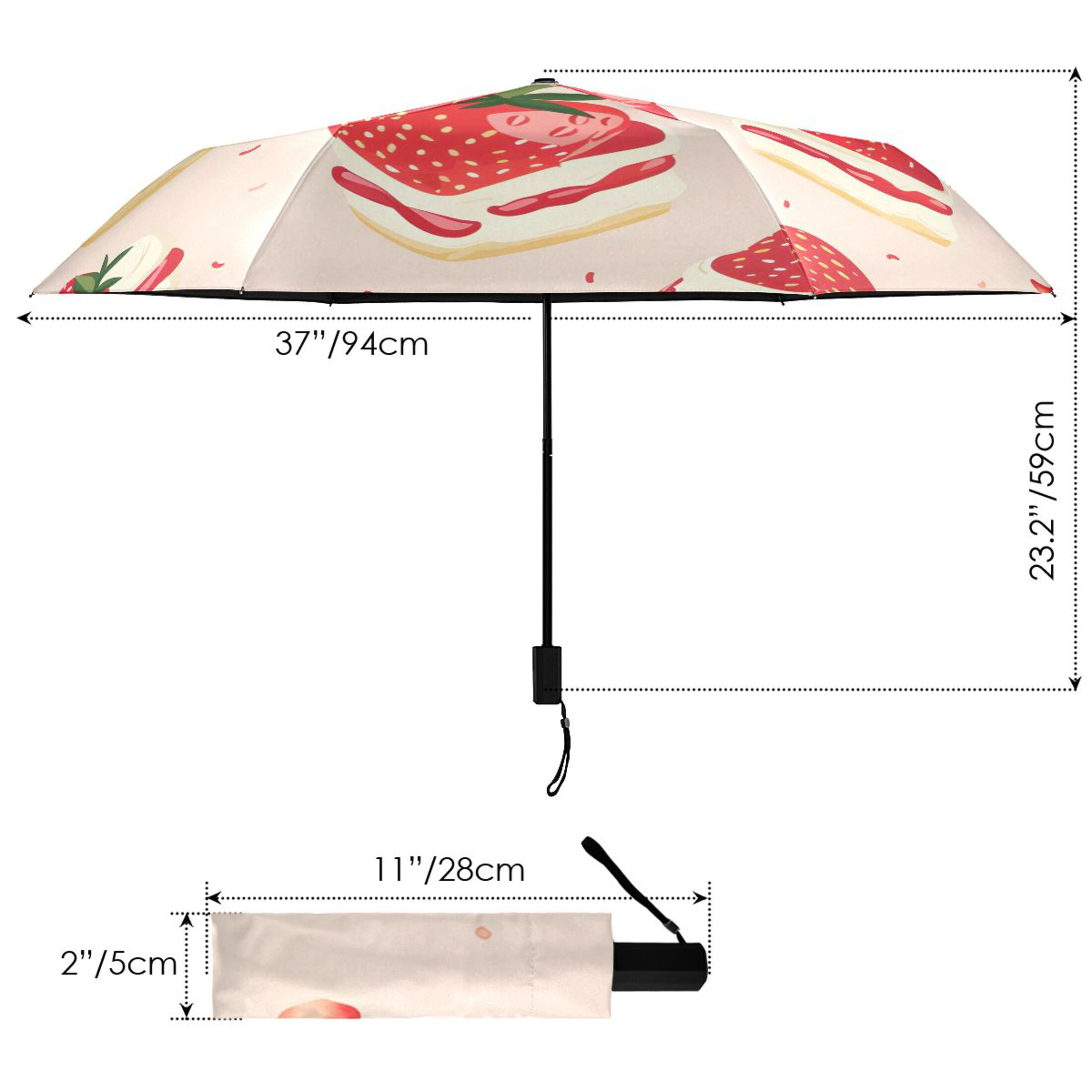 Cute Strawberry Cakes Cartoon All Weather Umbrella Triple Folding Parasol 6 Ribs UV Protection Portable