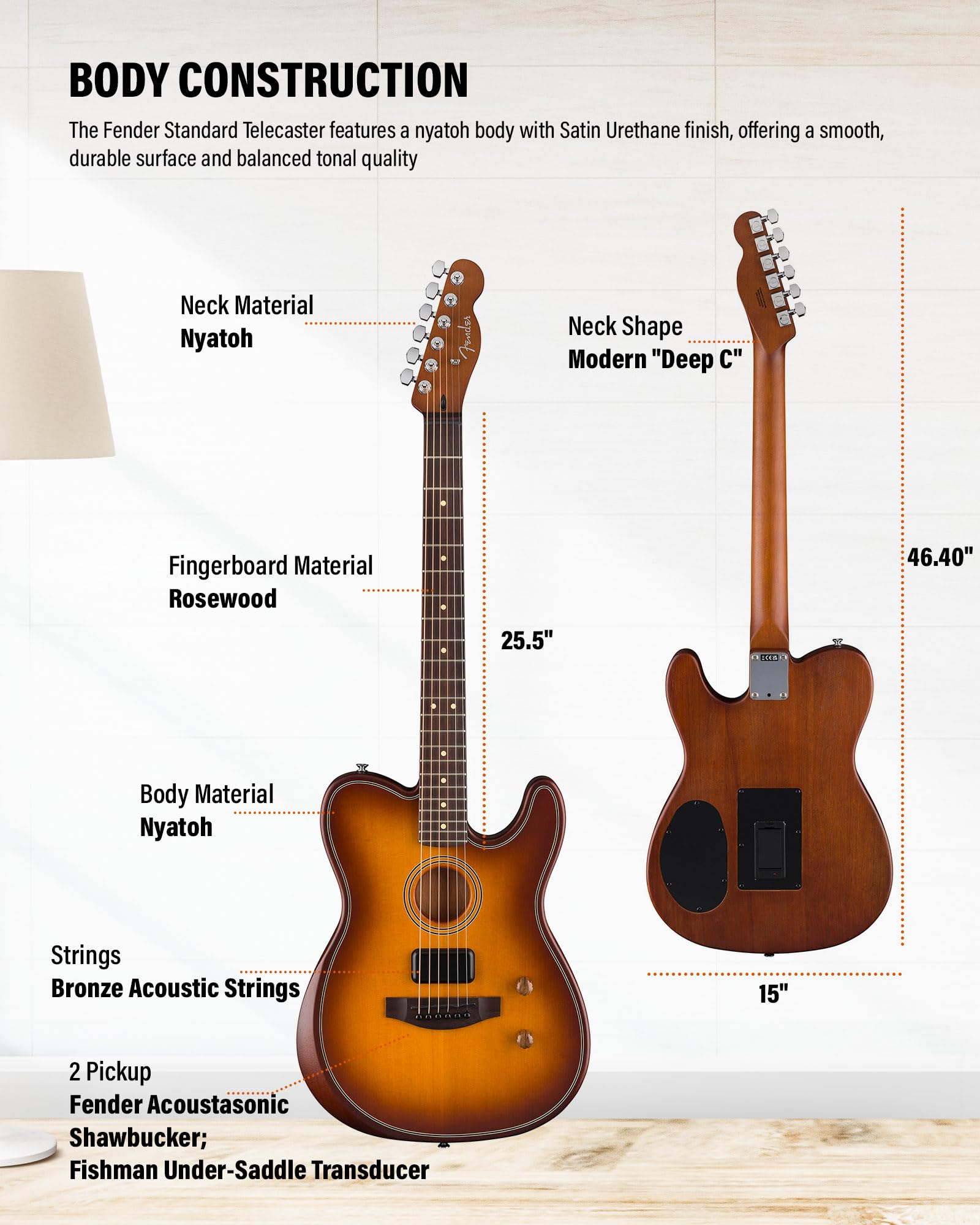 Fender Acoustasonic Standard Telecaster - Honey Burst Bundle with Strap, Guitar Cleaning Kit and Austin Bazaar Instructional Video