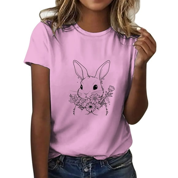 LUOGENLI Female T-shirts for Womens Women‘S Casual Easter Cute Bunny and Flower Print Crew Neck Short Sleeves Loose Tshirt Blouse Tops Womens Funny T-shirts Graphic Tees Valentines L