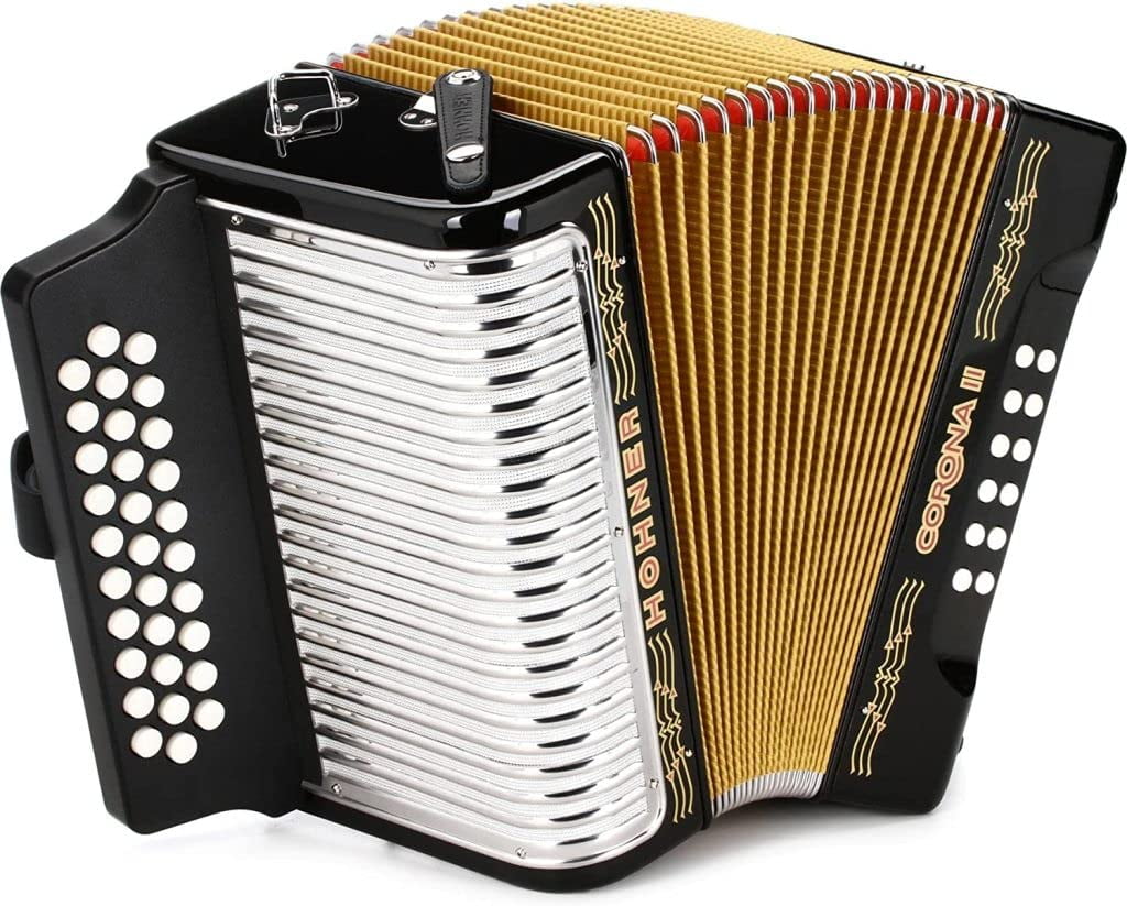 Hohner Corona II G/C/F Accordion - Black Bundle with Case, Gig Bag, Straps, and Austin Bazaar Polishing Cloth