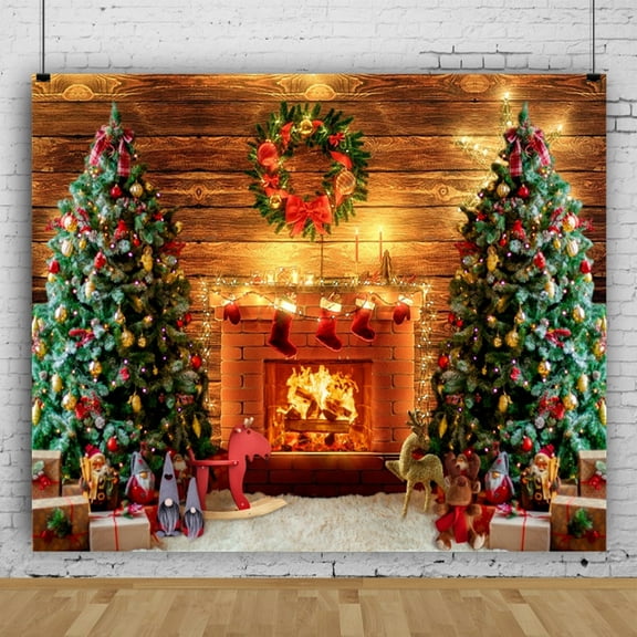 SUNOLIFE Christmas Fireplace Backdrop Banner Winter Xmas Tree Photo Background Banner 5x3ft