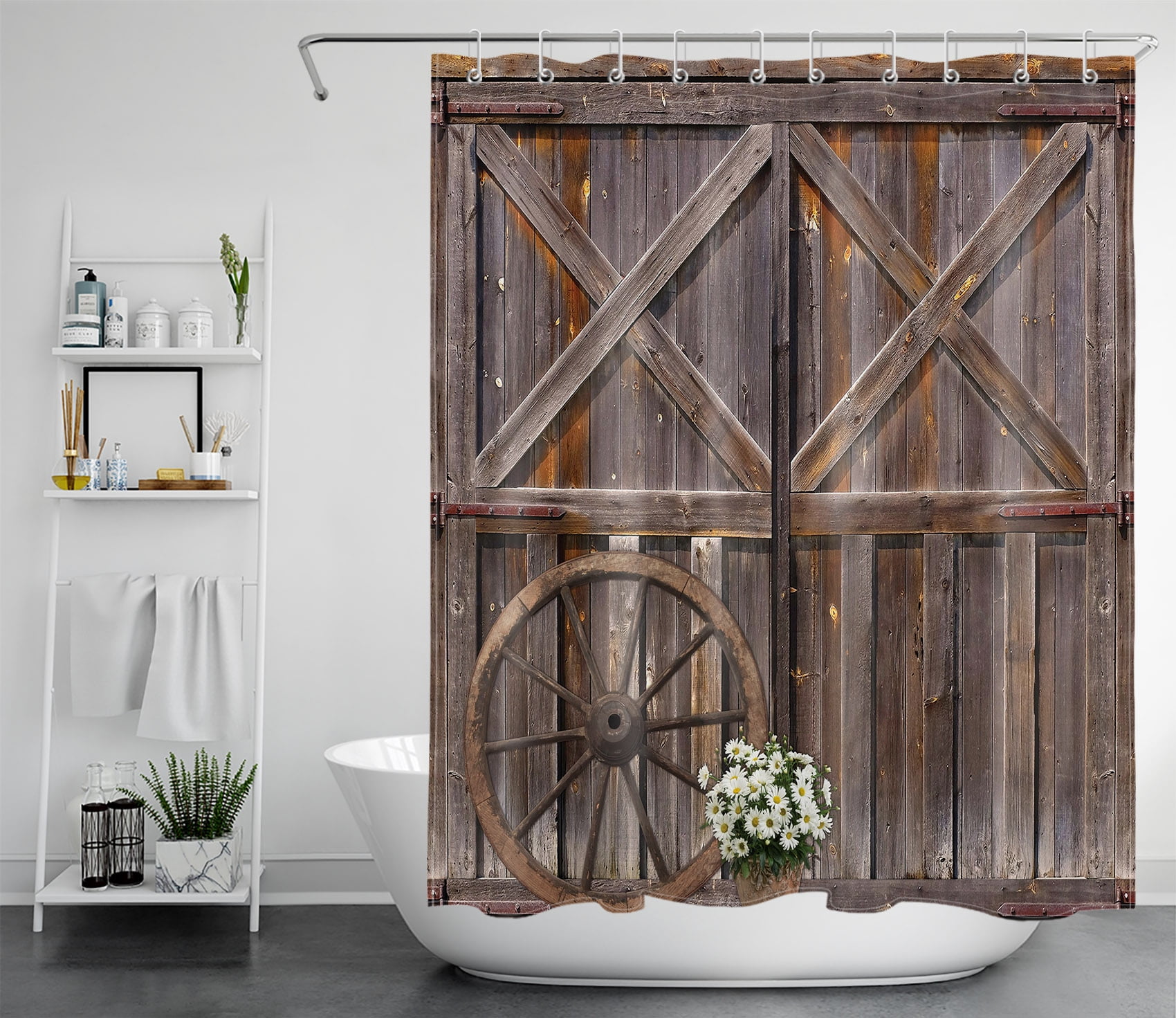 HVEST Western Shower Curtain Rustic Retro Barn Door Shower Curtain for