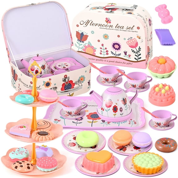 45PCS Tea Party Set, Gift for Girls Princess Tea Party Set Kitchen Pretend Toys with Tin Teapot, Cups, Plates and Carrying Case. Cake, Food for 3 Girls