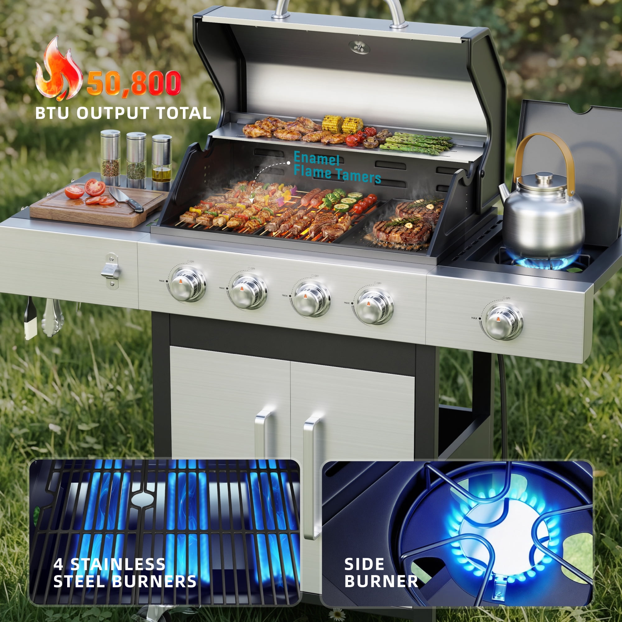 Biotree 4 Burner Gas Grill with Side Burner, 50800 BTU Barbecue Grill Propane Stainless Steel BBQ Grill with Porcelain-Enameled Cast Iron Grates for Outdoor Cooking
