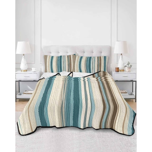 Quilts Queen Size, Turquoise Beige Soft Comforter Bedding Set for Bed, Boho Vertical Stripes Bohemian Retro Lightweight Quilted Bedspread with Pillow Cover(2 Pieces) for All Season, 90x96 Inch