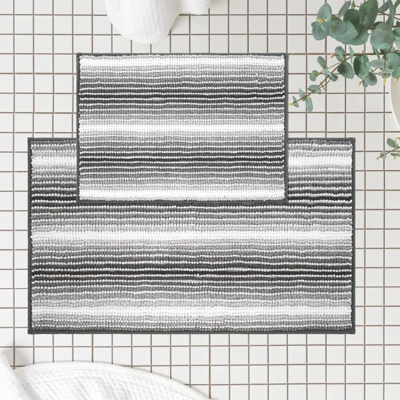 Ombre Chenille Bathroom Rugs Set 2 Piece 17"x24" 20"x32", Striped Soft Bath Mat for Bathroom Floor, Non Slip Bath Rug Sets Washable Quick Dry Shower Mats, Grey and White