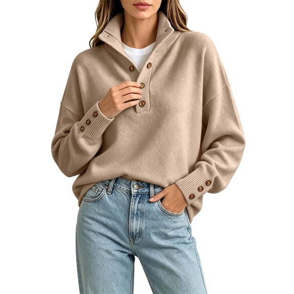 Turilly Womens Sweater Warm High Collar Long Sleeve Pullover with Button Placket for Autumn Winter Layering