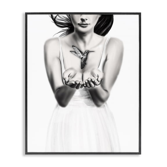 Stupell Industries Contemporary Girl with Hummingbird Black Framed Giclee Art, 11 x 14, by Ros Ruseva