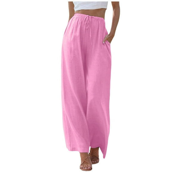 Gpoecd Womens Flowwy Pants High Waisted Wide Fashion Elastic Comfy Straight Leg Long with Pockets Trouser Jeans for Women Pink,S