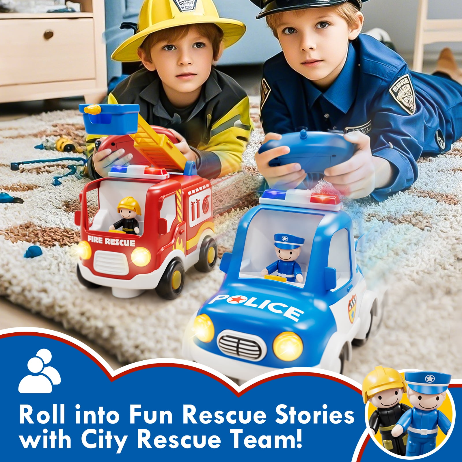 Toys for 2 Year Old Boys Toys, 2 Rechargeable Remote Control Car for Toddler, Kids Toys Age 2 3 4 5, Police Car and Fire Car with LED Lights & Music, Gifts for Toddler Boys 18+ Months