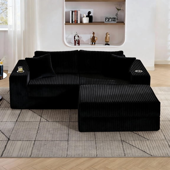 LAZZO Modular Sectional Sofa with Ottoman, Corduroy Boneless Deep Seat Convertible Sleeper Sofa Bed for Living Room, Black