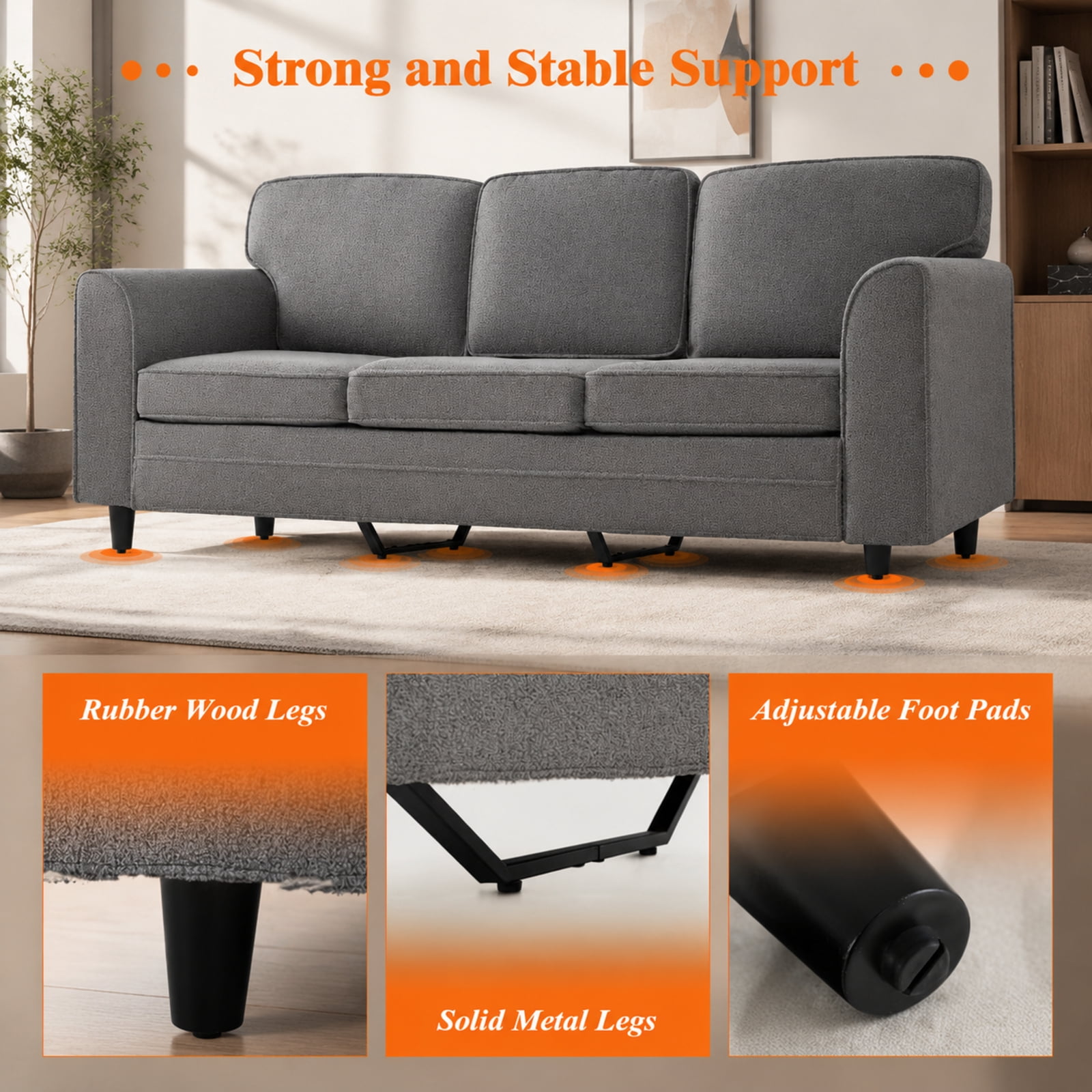 Furnibear Upholstered Teddy Velvet 3-Seat Sofa with Comfy Back Pillows for Living Room Apartment Lounge Family Room Home Seating, Gray