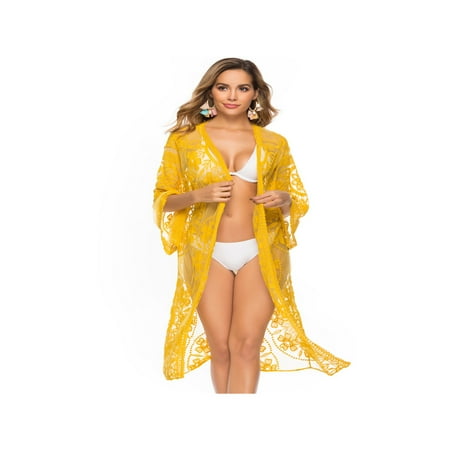 Yellow Lace see through Bikini Cover Up beachwear swimwear beach dress robe