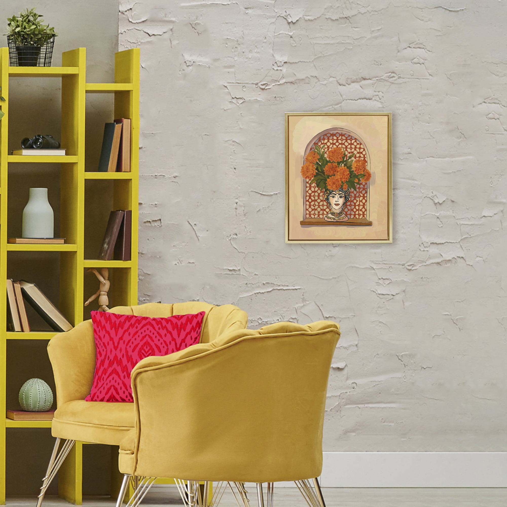 Stupell Industries Ornate Flower Head Vase Gold Framed Floater Canvas Wall Art, design by Amelia Noyes