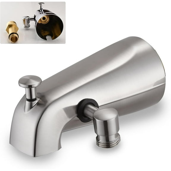 All Metal Tub Spout with Diverter Brushed Nickel, Fits Threaded 1/2" or 3/4" IPS, Tub Faucet with Shower Diverter