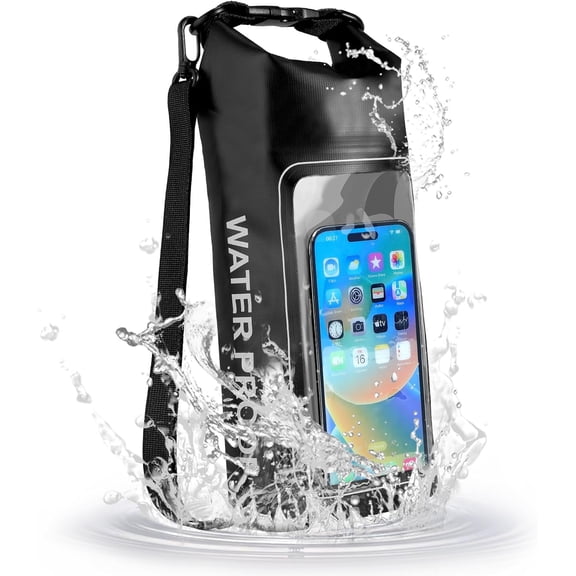 Waterproof Dry Bag, 2L Roll Top Pool Beach Bag with Clear Phone Pouch, Lightweight Dry Storage Bag for Travel Swimming Boating Kayaking Camping Beach Fishing Rafting - Black