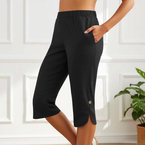 Capri Pants for Women Summer Solid Slim Trousers Pocket Side Slit 7/8 Length Casual Womens Pants Black L