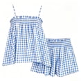 thumbnail image 4 of Cagogo Women's 2 Piece Shorts Set Casual Plaid Boho Summer Outfits Round Neck Sleeveless Tank Top Comfy Lounge Shorts Matching Sets Tracksuits Loungewear Travel Airport Clothes, Light Blue S, 4 of 10