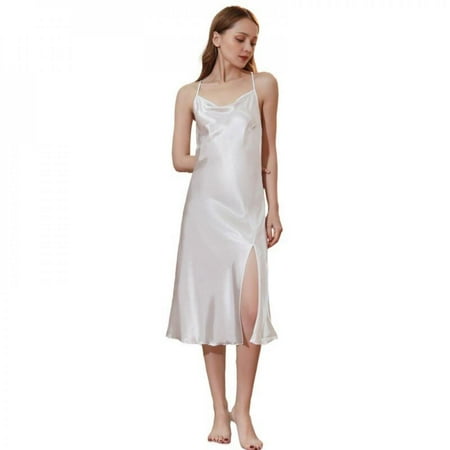 

ZDMATHE Ladies Solid Color Glossy Satin Single Neck Cross Shoulder StrapsOne-sided Split Nightdress Summer Big Backless Long Sling