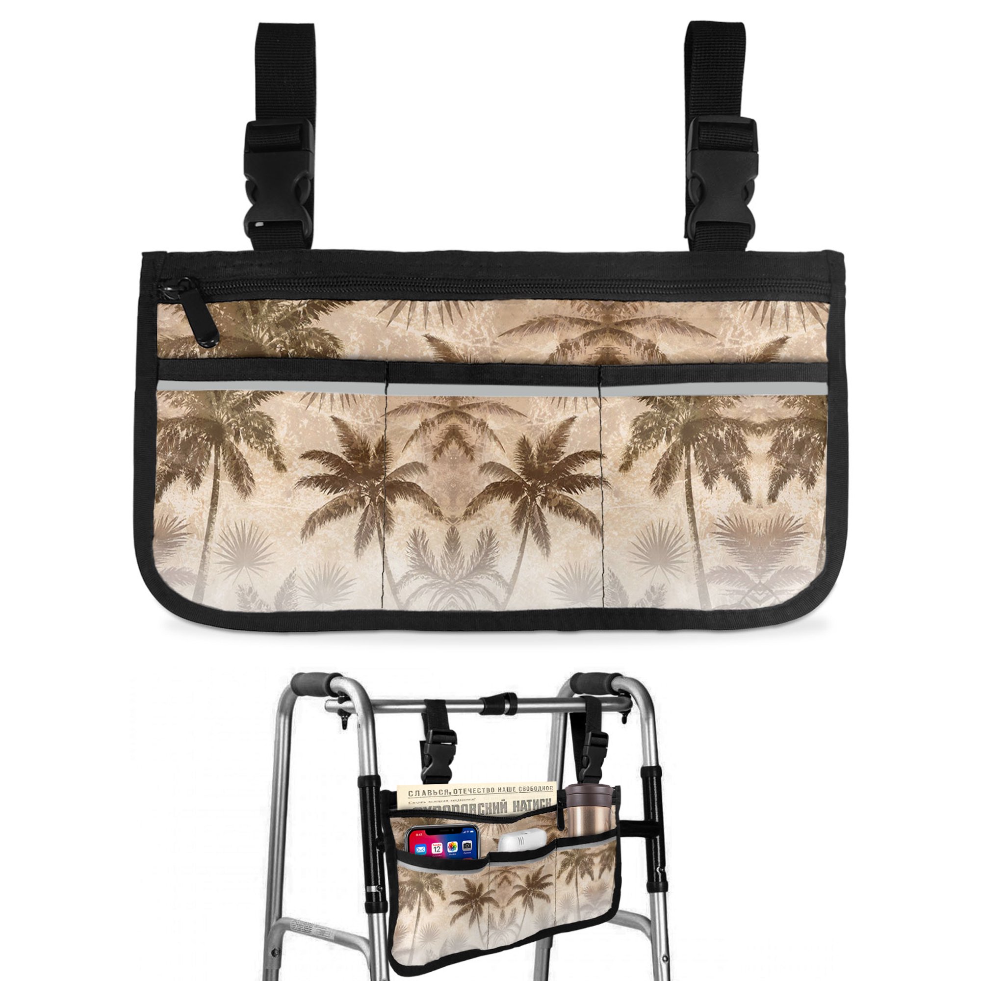 Brown Palm Trees Wheelchair Side Bag with Cup Holder, Vintage Gray Palm Fronds Coconut Tropical Canopy Wheelchair Armrest Bag Storage Pouch Adults, Seniors for Walkers, Rollator, Scooter