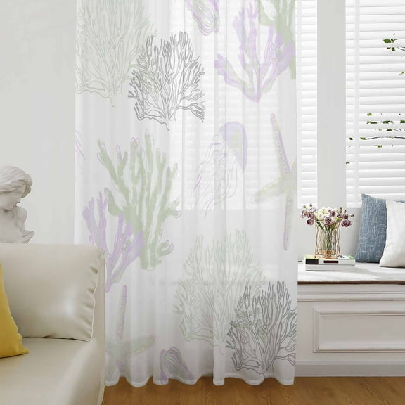 Sage Green Purple Coral Coastal Semi Sheer Curtains Drapes for Living Room,Bedroom,French Doors Window 63 Inches Long,Nautical Starfish Beach Rod Pocket Chiffon Curtain Drapery Voile Draperies Panel