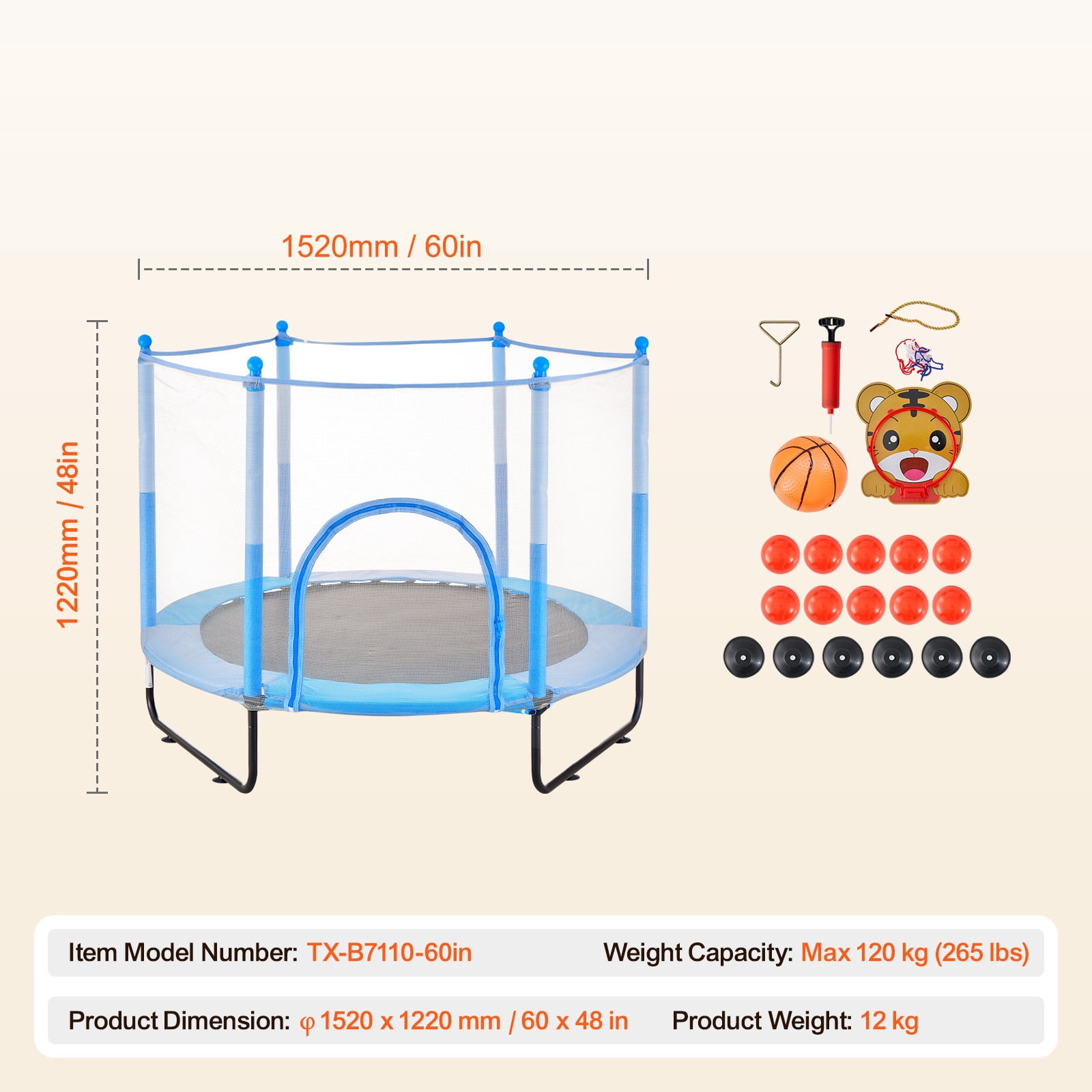 KFFKFF 60" Children's Trampoline, 5FT Trampoline for Indoor and Outdoor Use, Small Recreational Trampoline with Safety Net and Basketball Hoop, Ideal Birthday and Christmas Presents for Kids Aged 3