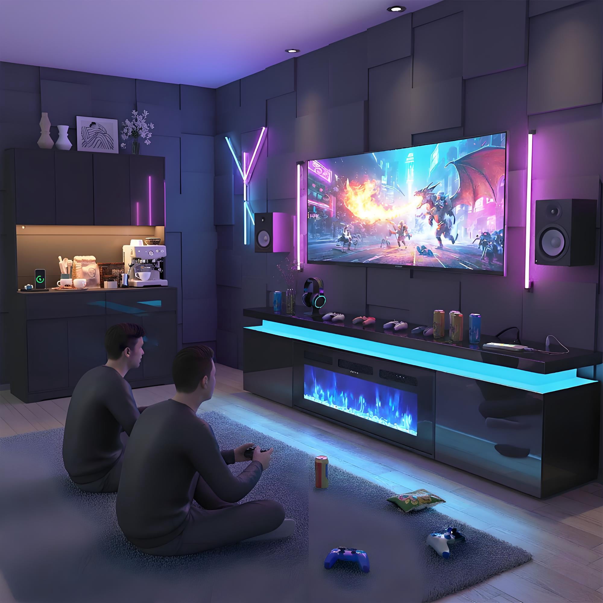 90" LED TV Stand with 50" Fireplace for 98 100 inch TVs, Glossy Fireplace TV Stand Gaming Entertainment Center with Power Outlet for Modern Living Room