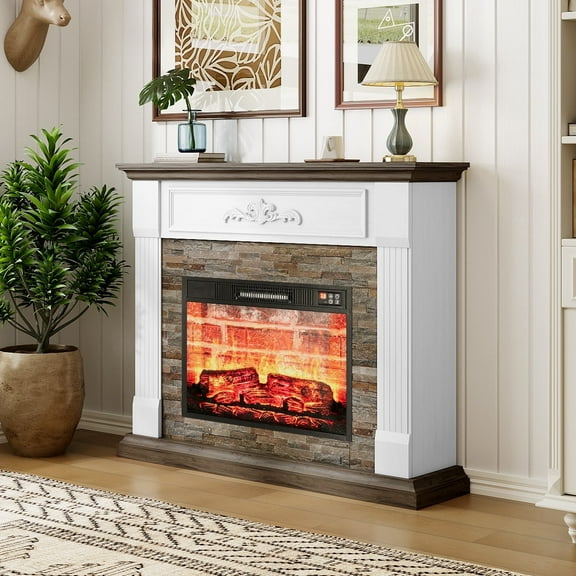 LGHM 44" Electric Fireplace Mantel, Wooden Stacked Stone Surround Free Standing Electric Fireplace Heater with Adjustable Led Flame, Remote Control, White