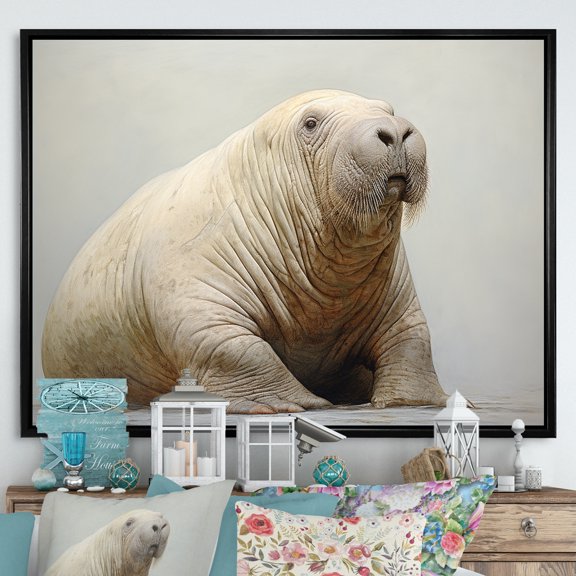 Designart "Home Of The Relaxed Walrus V" Walrus Floater Framed Wall Art Living Room