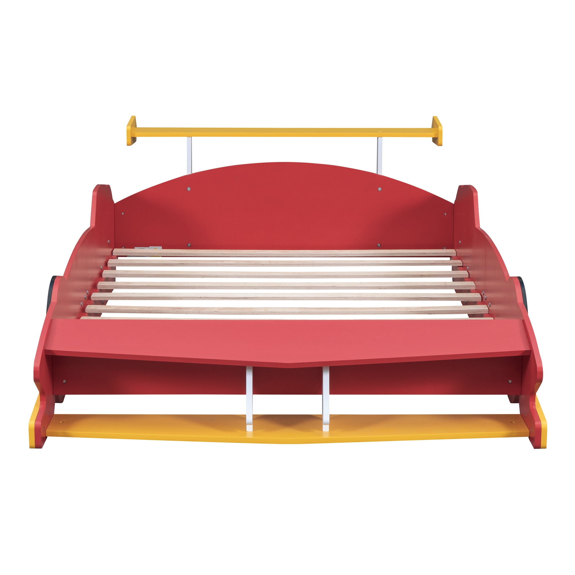 Full Size Race Car-Shaped Platform Bed with Wheels, Unique Race Car Design with Side Rails, Sturdy Plywood Construction, No Box Spring Needed, for Bedroom, Red