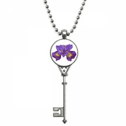 Flower Purple Orchid Pendant Vintage Necklace Silver Key Jewelry