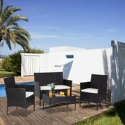4PCS Outdoor Patio Bistro Furniture Set, All-Weather Rattan Chair Set, Conversation Furniture Sets, Cushioned Seat & Glass Table, Bistro Table Set for Porch Garden Poolside Balcony, T1631