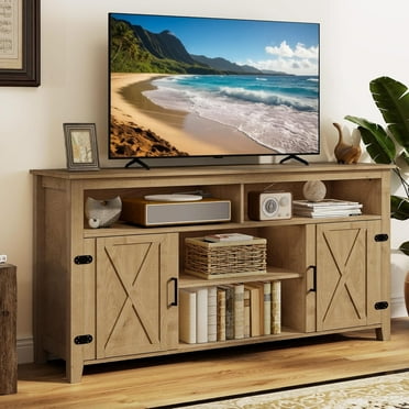 Moasis  Farmhouse Highboy TV Stand for 65-Inch TV Barn Door Entertainment Center Natural Oak