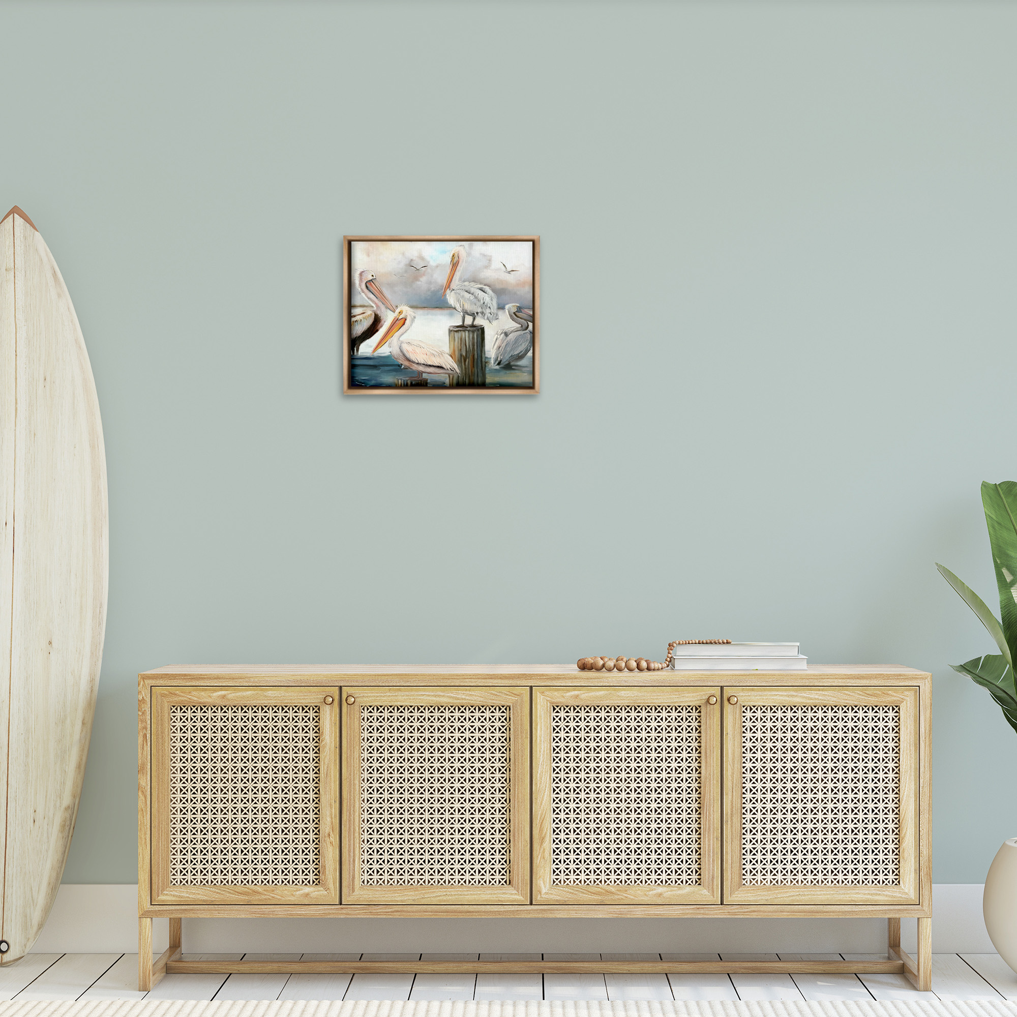 Stupell Industries Pelicans Perched Cloudy Horizon Nature Painting Brown Floater Framed Canvas Art Print Wall Art, 21 x 17